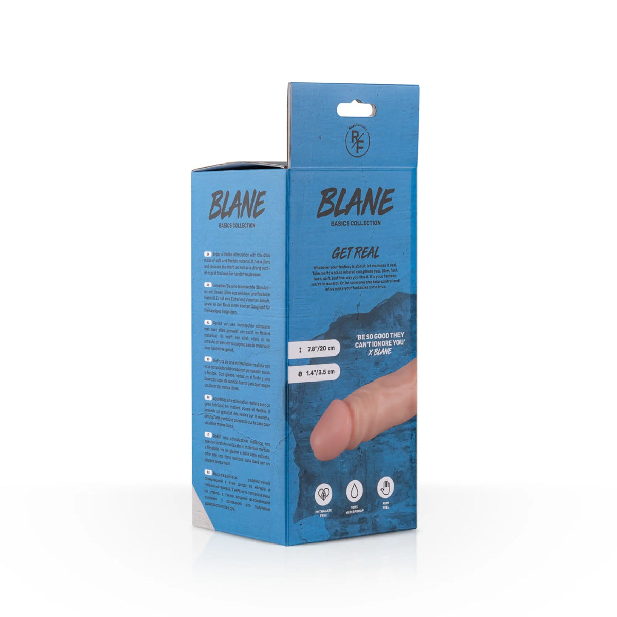 Baksida förpackning RF Blane Realistisk Dildo 20cm